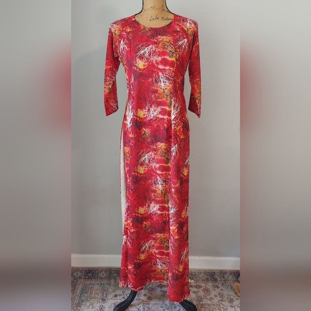 Long Sleeve Trippy Tree Print Dress w Side Slits Sz S/M